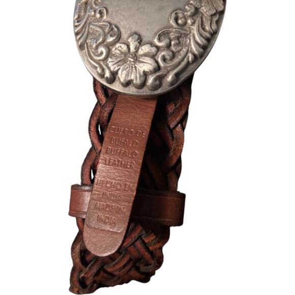 Vintage Buffalo Leather Braided Belt With Floral Silver Tone Buckle, 34" - Picture 4 of 4